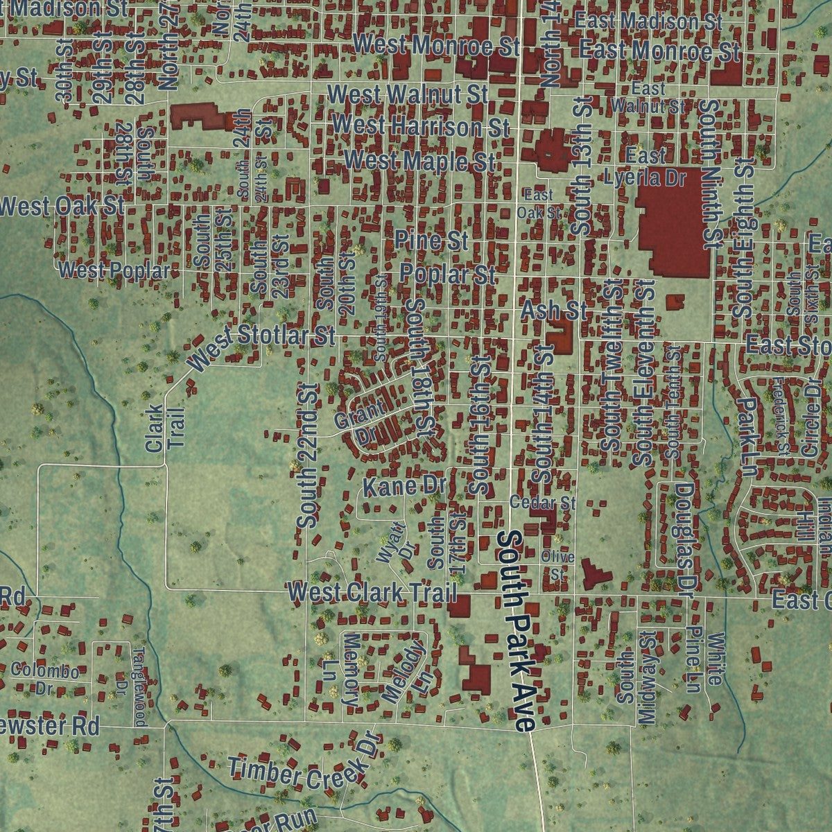Close-up of the map of Herrin, Illinois print showing street and building detail