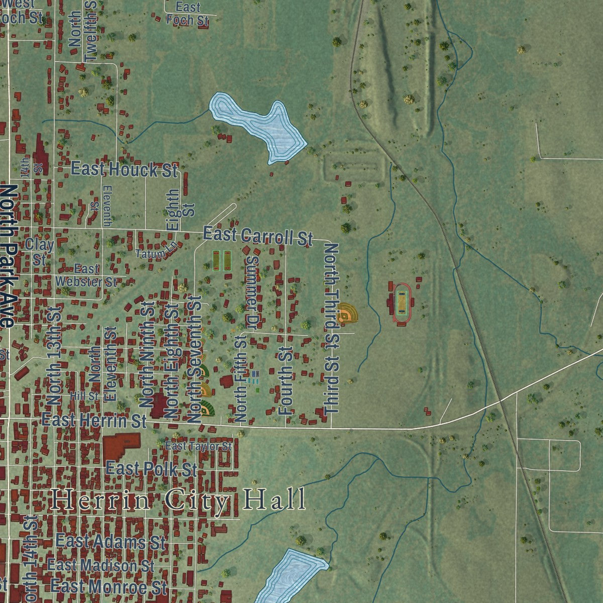 Second close-up of the map of Herrin, Illinois print showing more streets and buildings