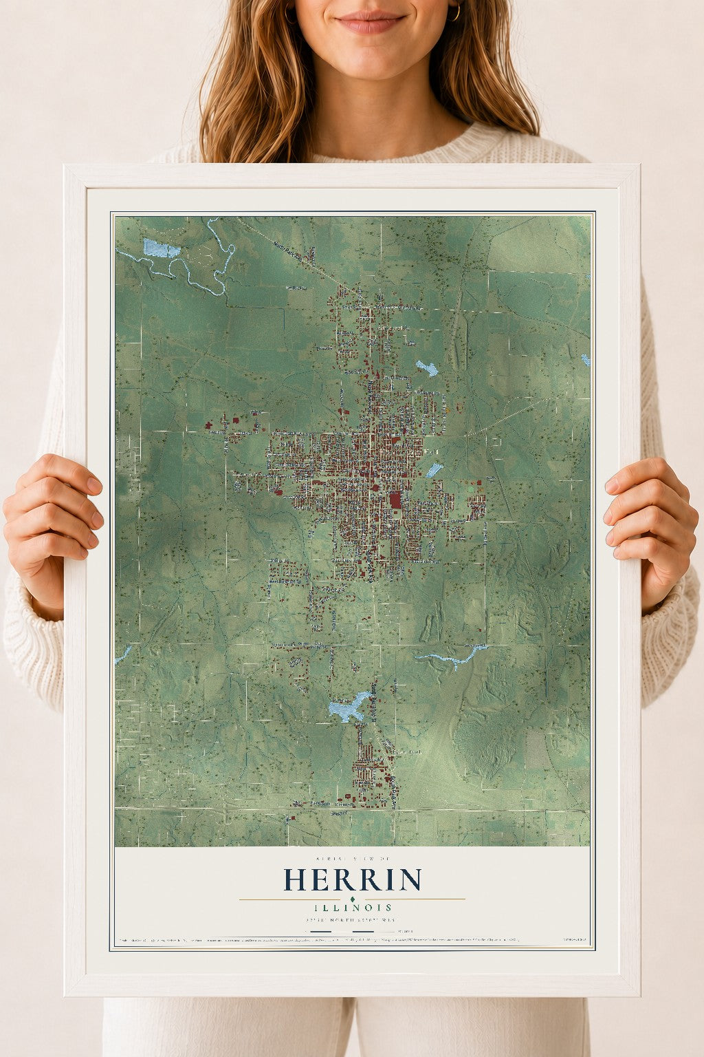 Map of Herrin, Illinois, 18 x 24 inch print in a white wood frame