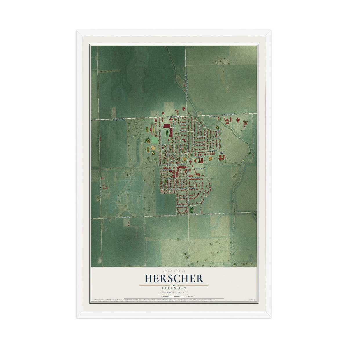 Map of Herscher, Illinois, 12 x 18 inch print in a white wood frame