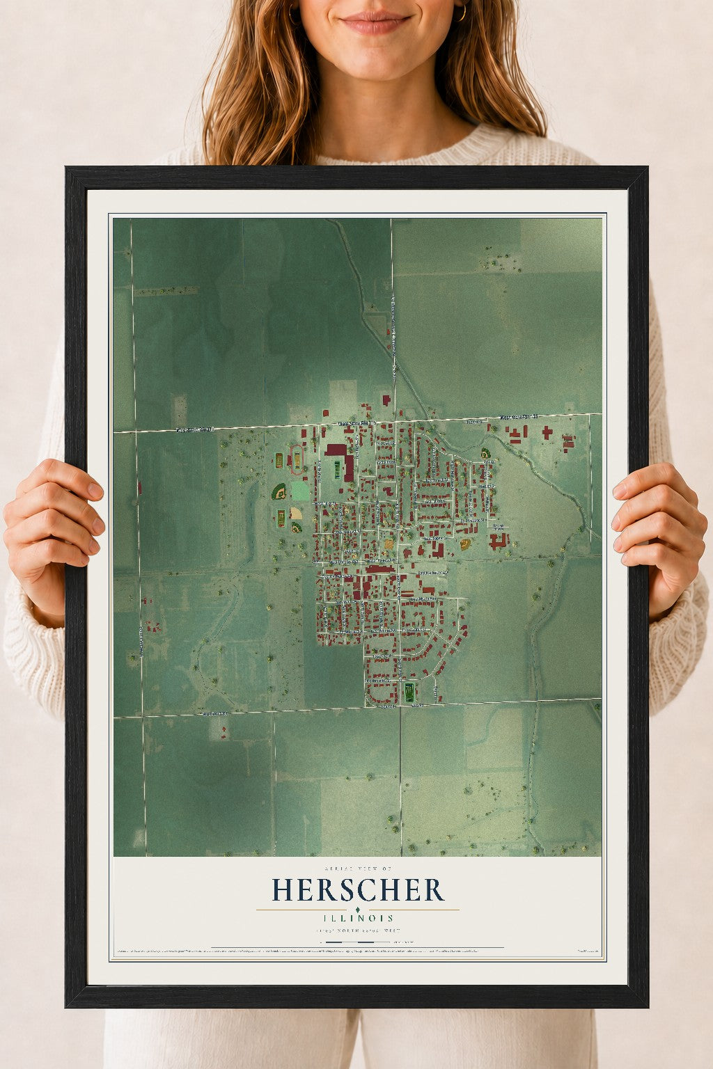 Map of Herscher, Illinois, 18 x 24 inch print in a black wood frame