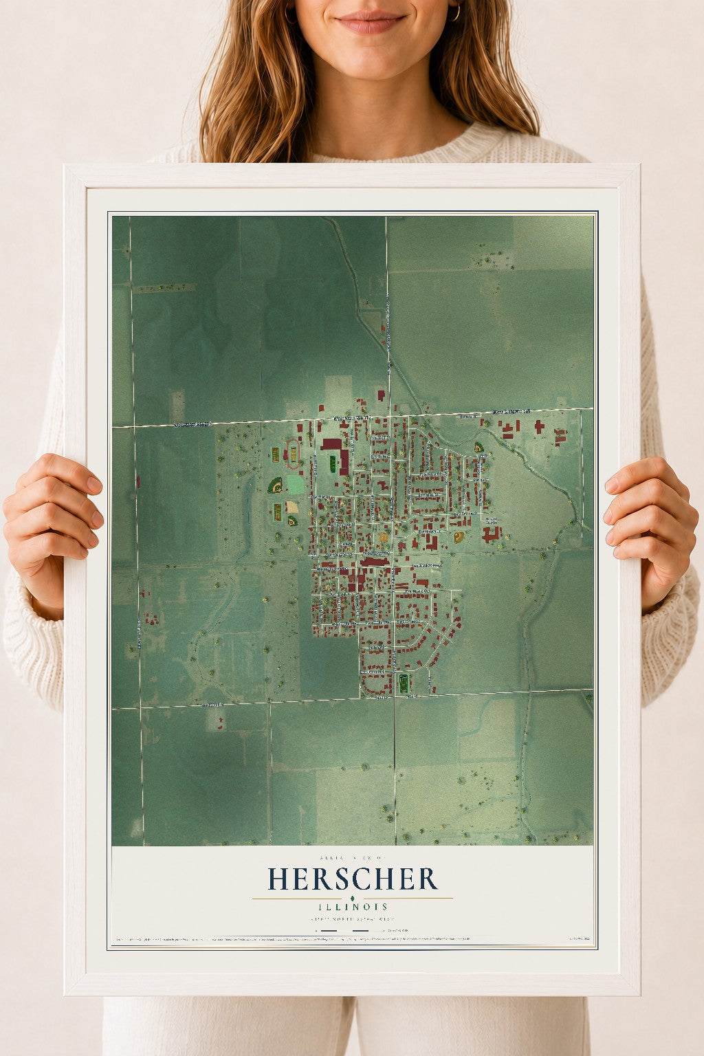 Map of Herscher, Illinois, 18 x 24 inch print in a white wood frame