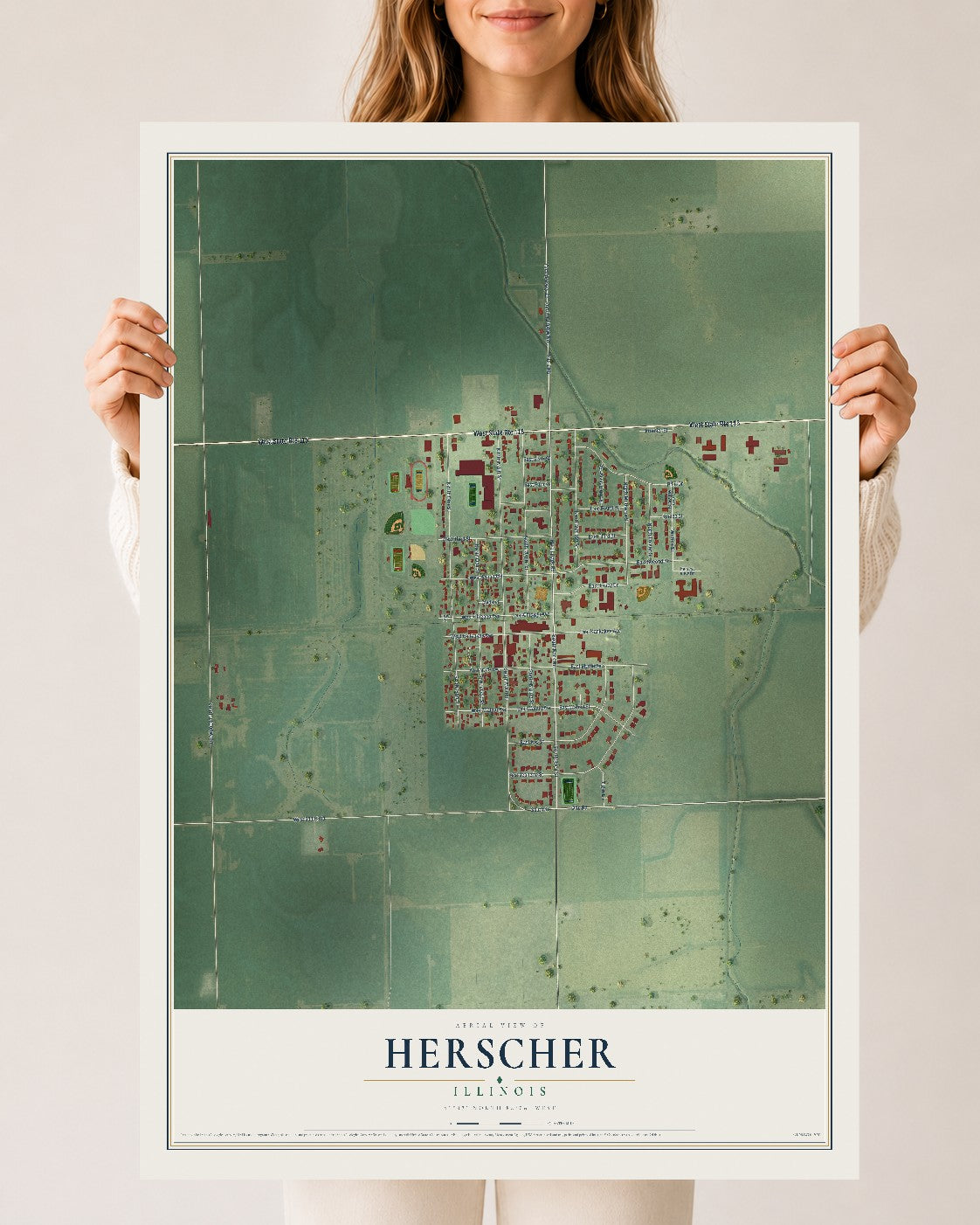 Map of Herscher, Illinois, 24 x 36 inch unframed archival matte print