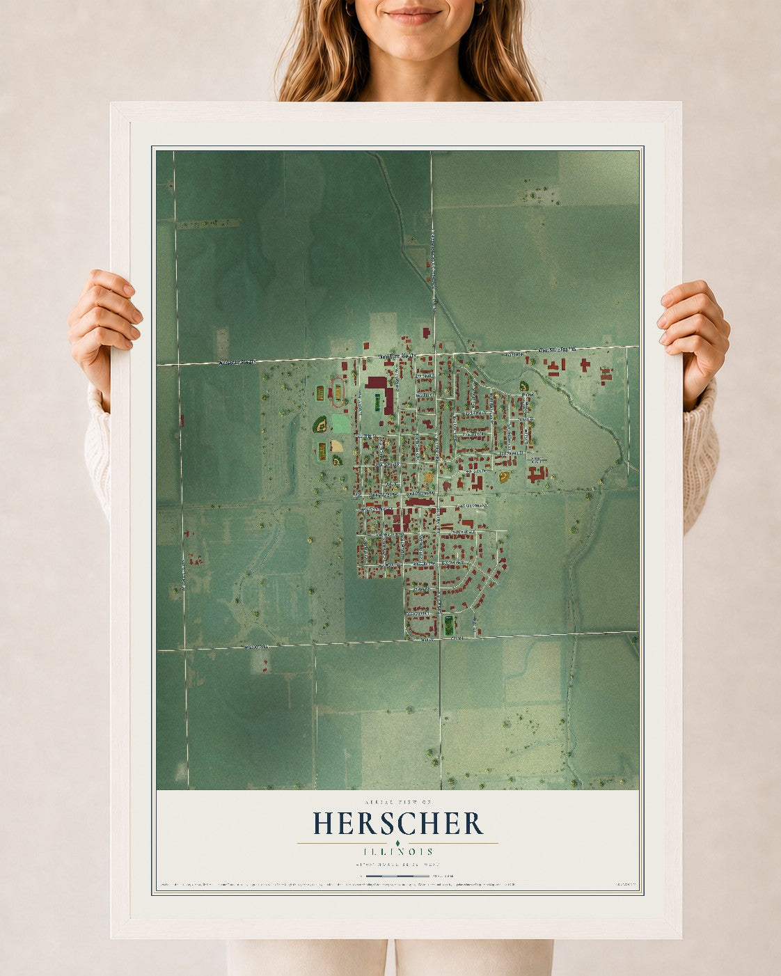 Map of Herscher, Illinois, 24 x 36 inch print in a white wood frame
