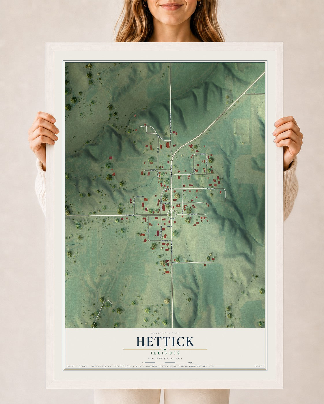 Map of Hettick, Illinois, 24 x 36 inch print in a white wood frame