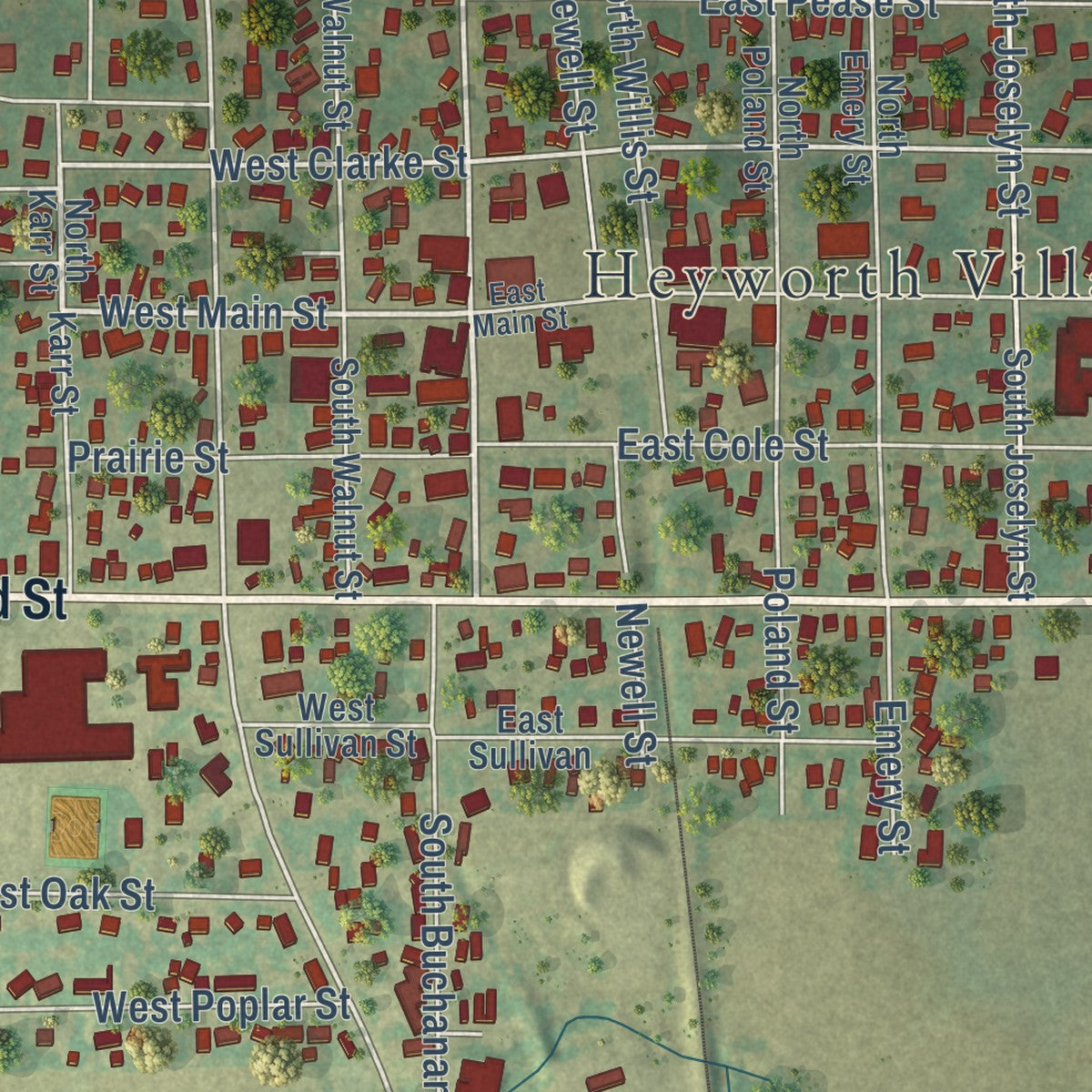 Close-up of the map of Heyworth, Illinois print showing street and building detail