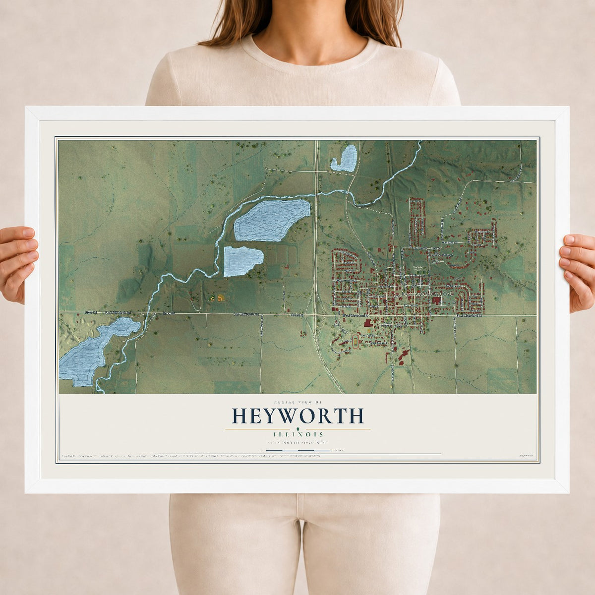 Map of Heyworth, Illinois, 18 x 24 inch print in a white wood frame