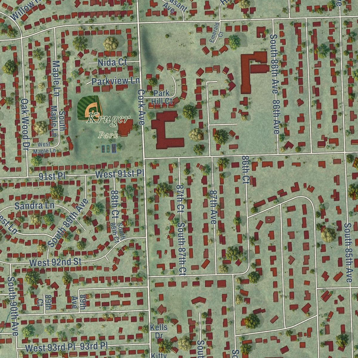 Second close-up of the map of Hickory Hills, Illinois print showing more streets and buildings