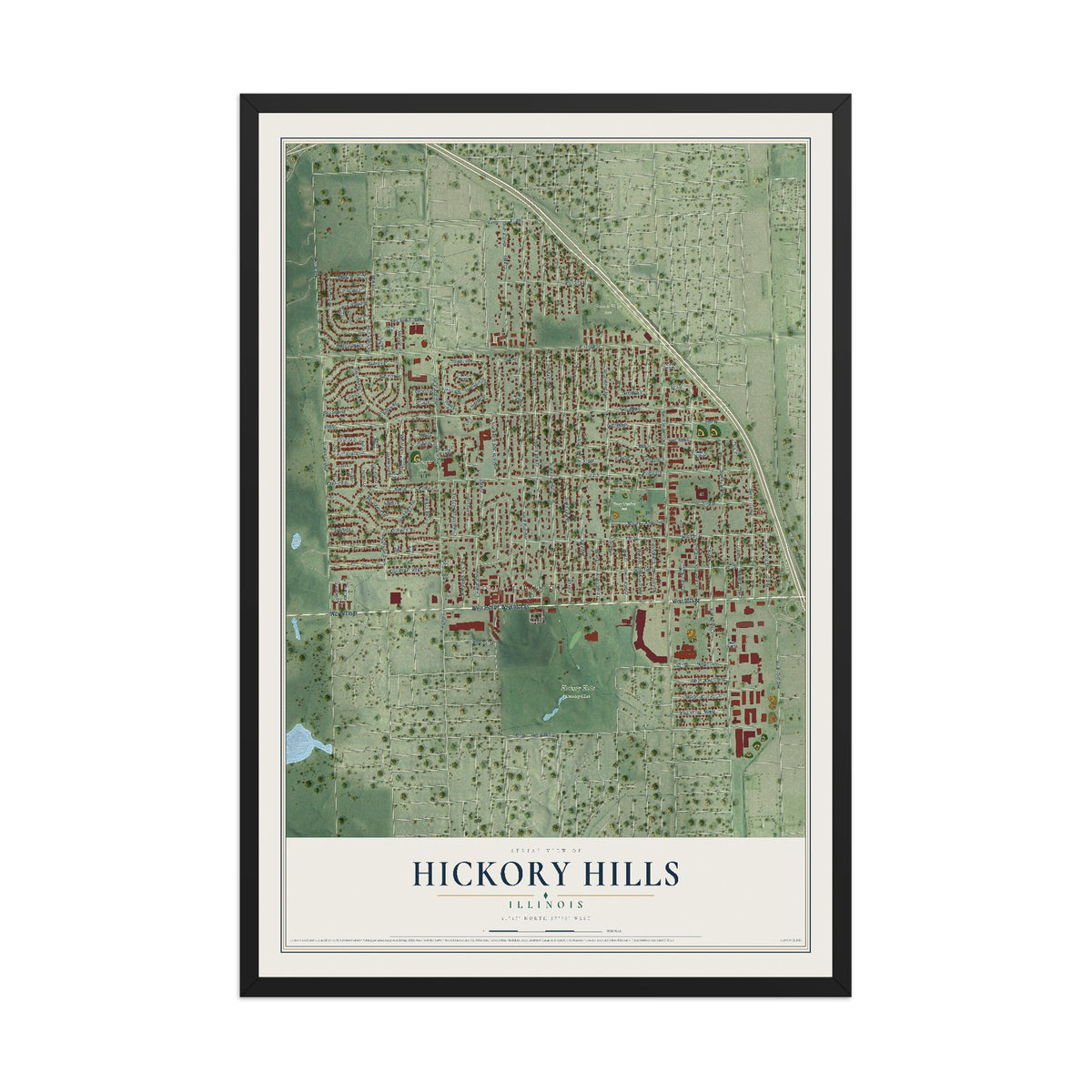 Map of Hickory Hills, Illinois, 12 x 18 inch print in a black wood frame