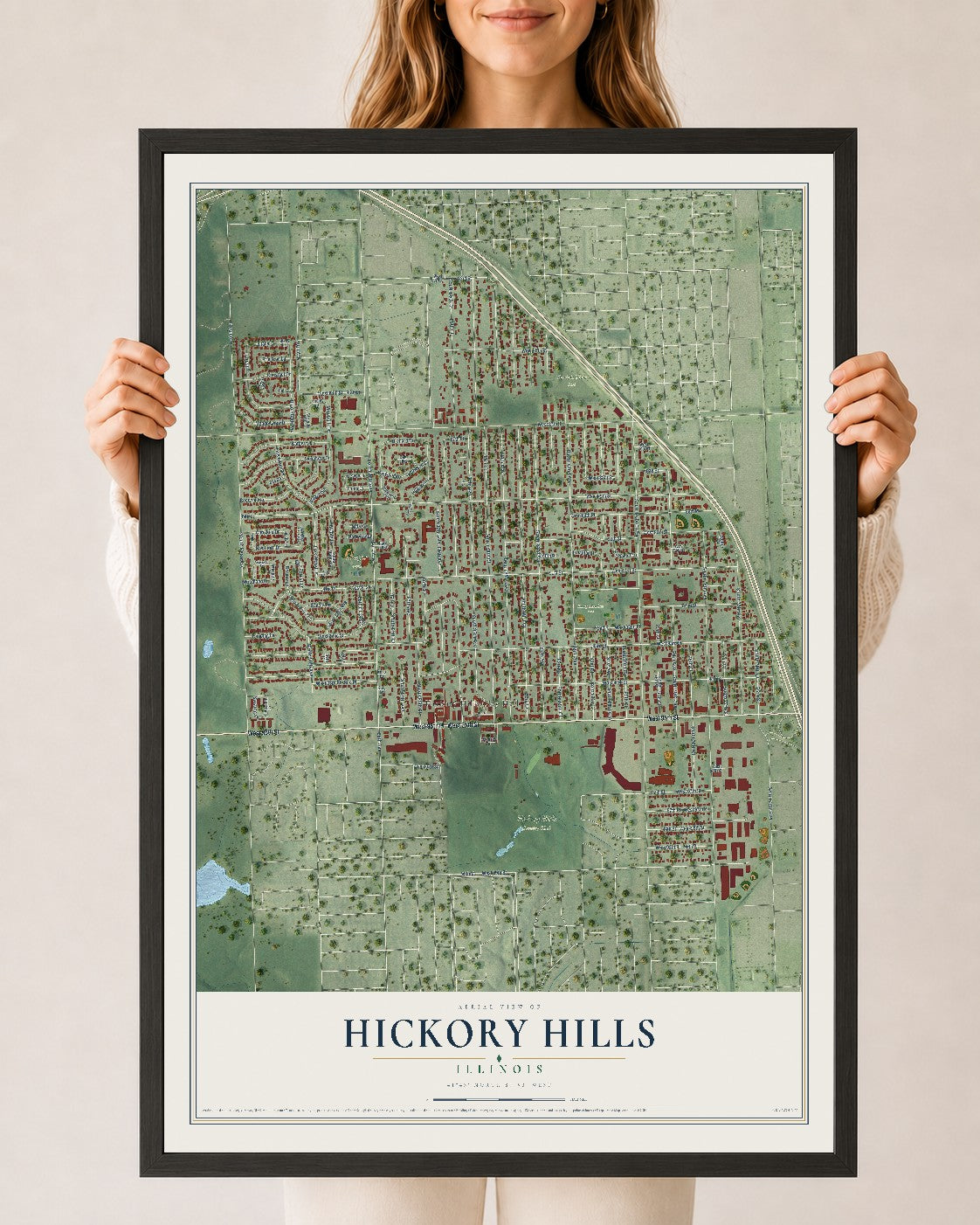 Map of Hickory Hills, Illinois, 24 x 36 inch print in a black wood frame