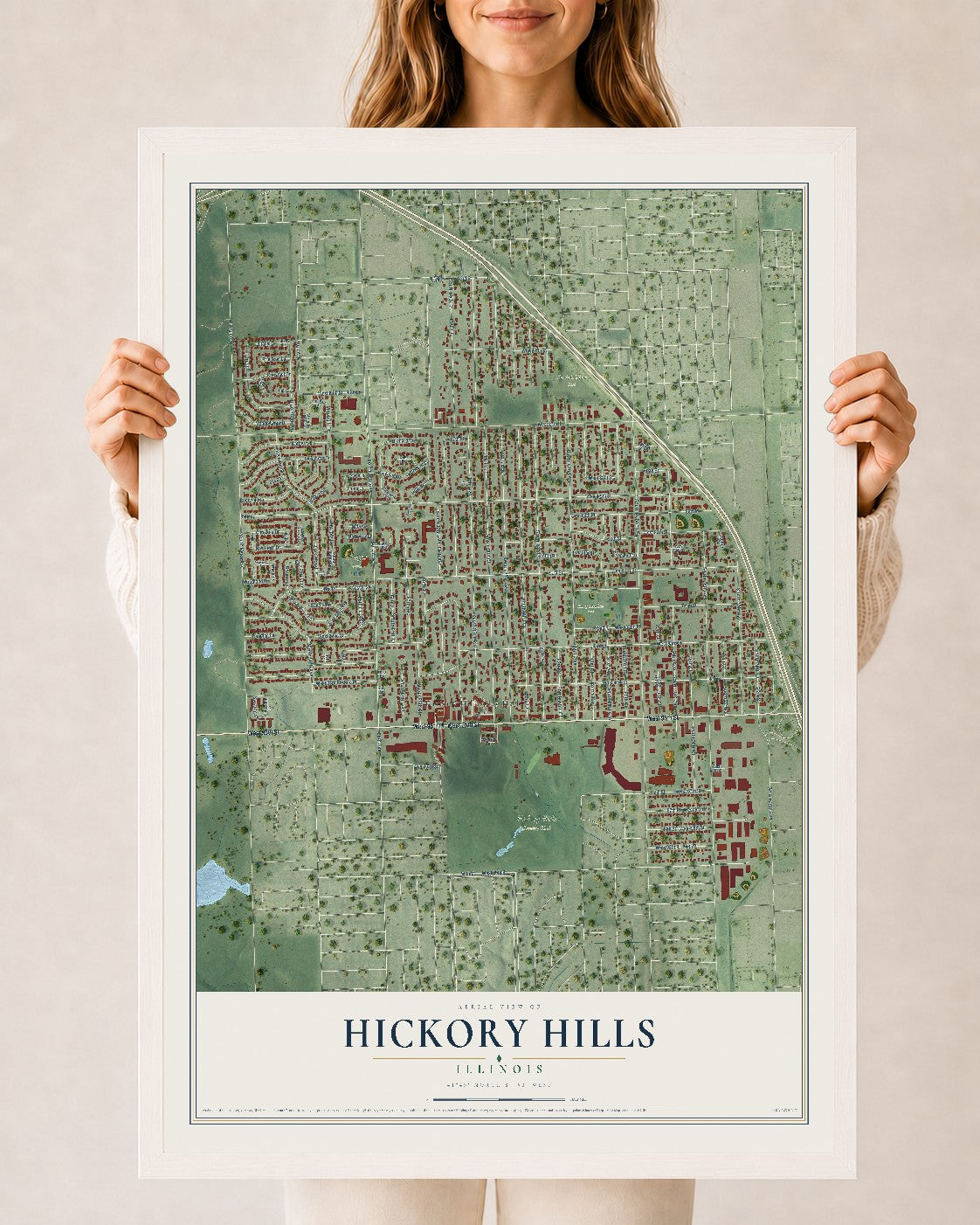 Map of Hickory Hills, Illinois, 24 x 36 inch print in a white wood frame