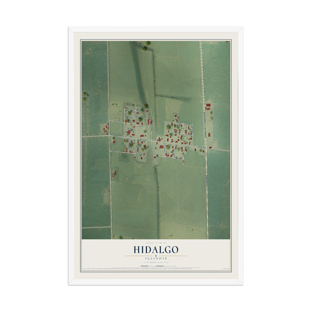 Map of Hidalgo, Illinois, 12 x 18 inch print in a white wood frame