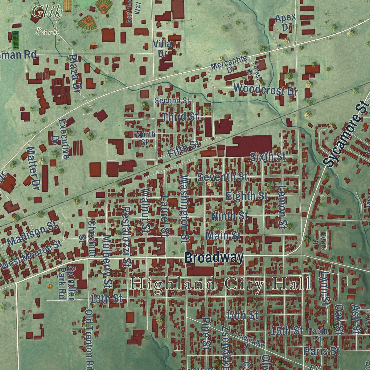 Close-up of the map of Highland, Illinois print showing street and building detail
