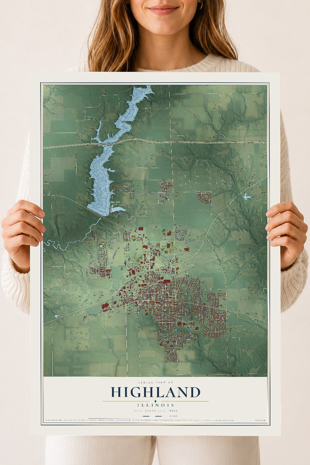 Map of Highland, Illinois, 18 x 24 inch unframed archival matte print