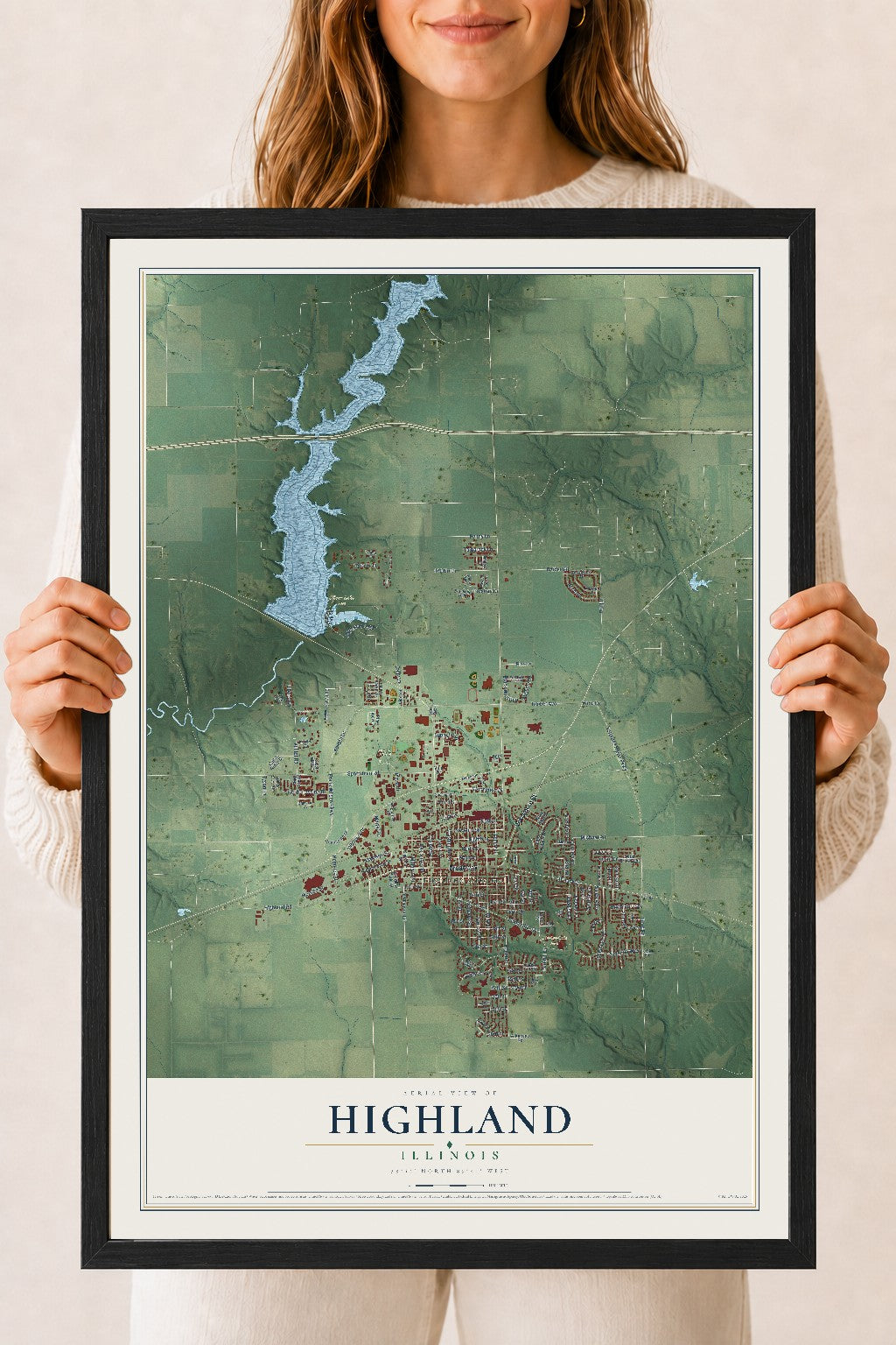 Map of Highland, Illinois, 18 x 24 inch print in a black wood frame