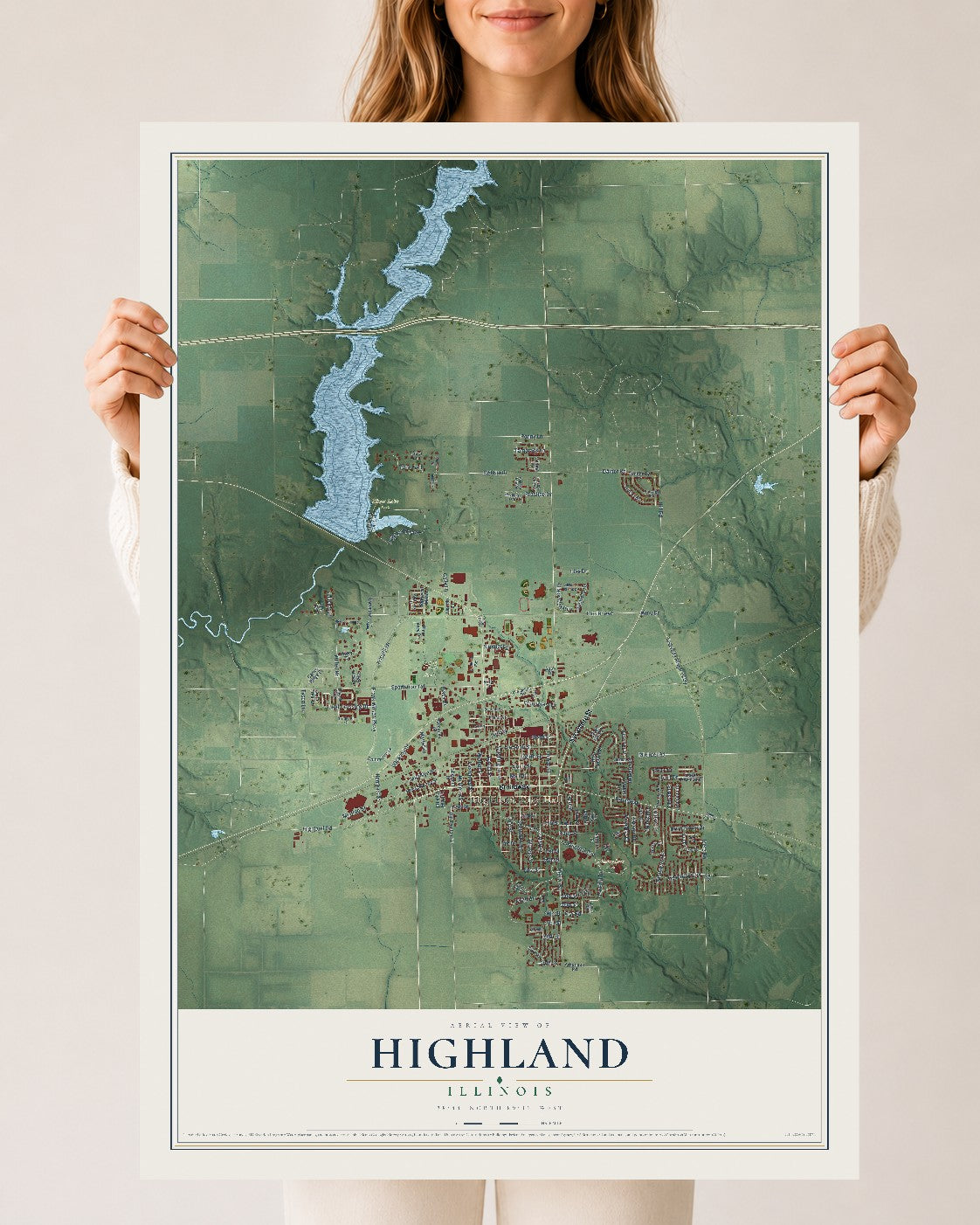 Map of Highland, Illinois, 24 x 36 inch unframed archival matte print