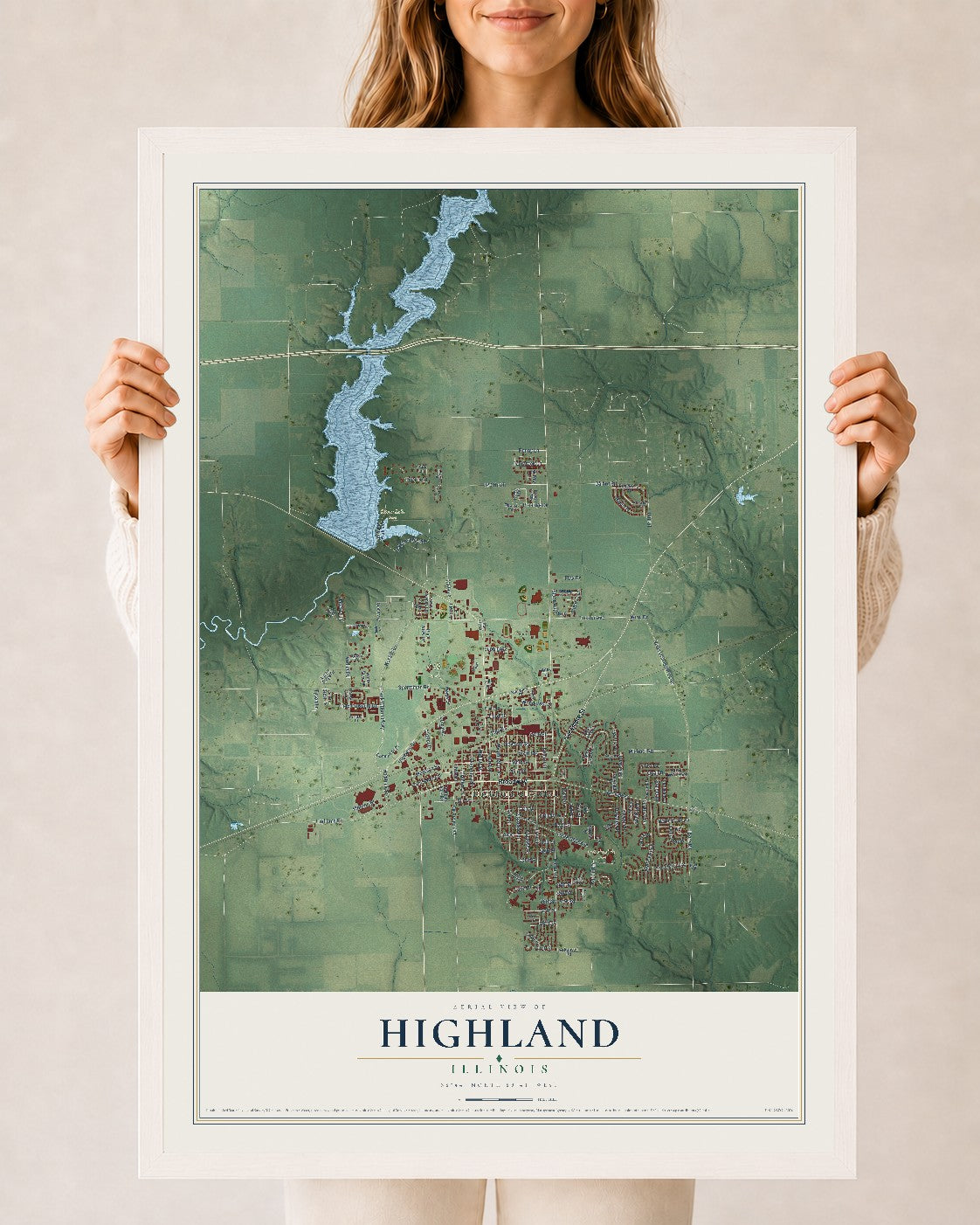 Map of Highland, Illinois, 24 x 36 inch print in a white wood frame