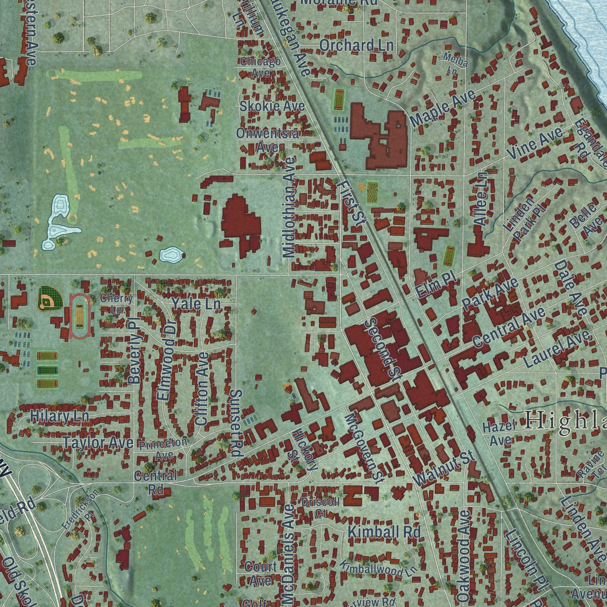 Close-up of the map of Highland Park, Illinois print showing street and building detail