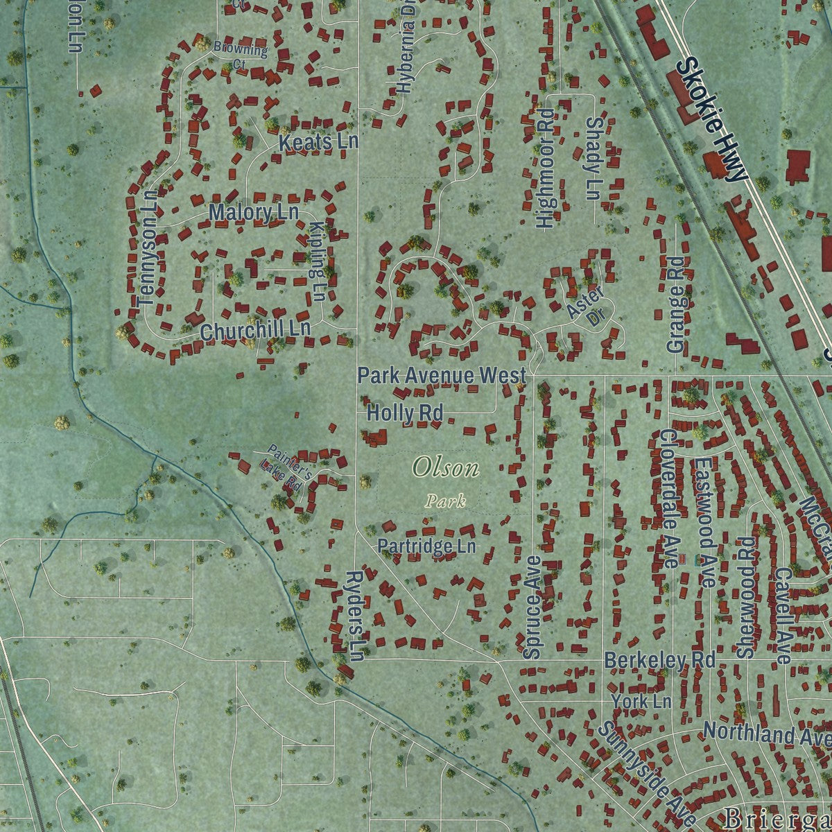 Second close-up of the map of Highland Park, Illinois print showing more streets and buildings