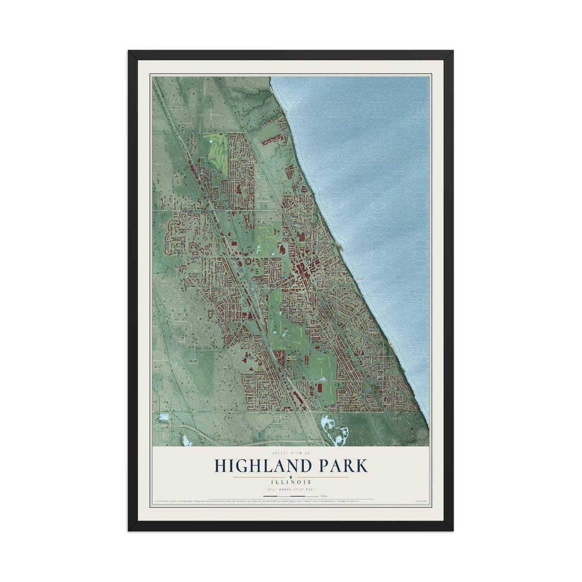 Map of Highland Park, Illinois, 12 x 18 inch print in a black wood frame
