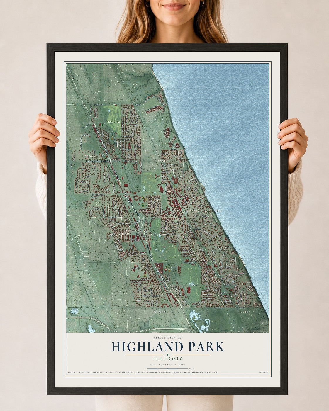 Map of Highland Park, Illinois, 24 x 36 inch print in a black wood frame