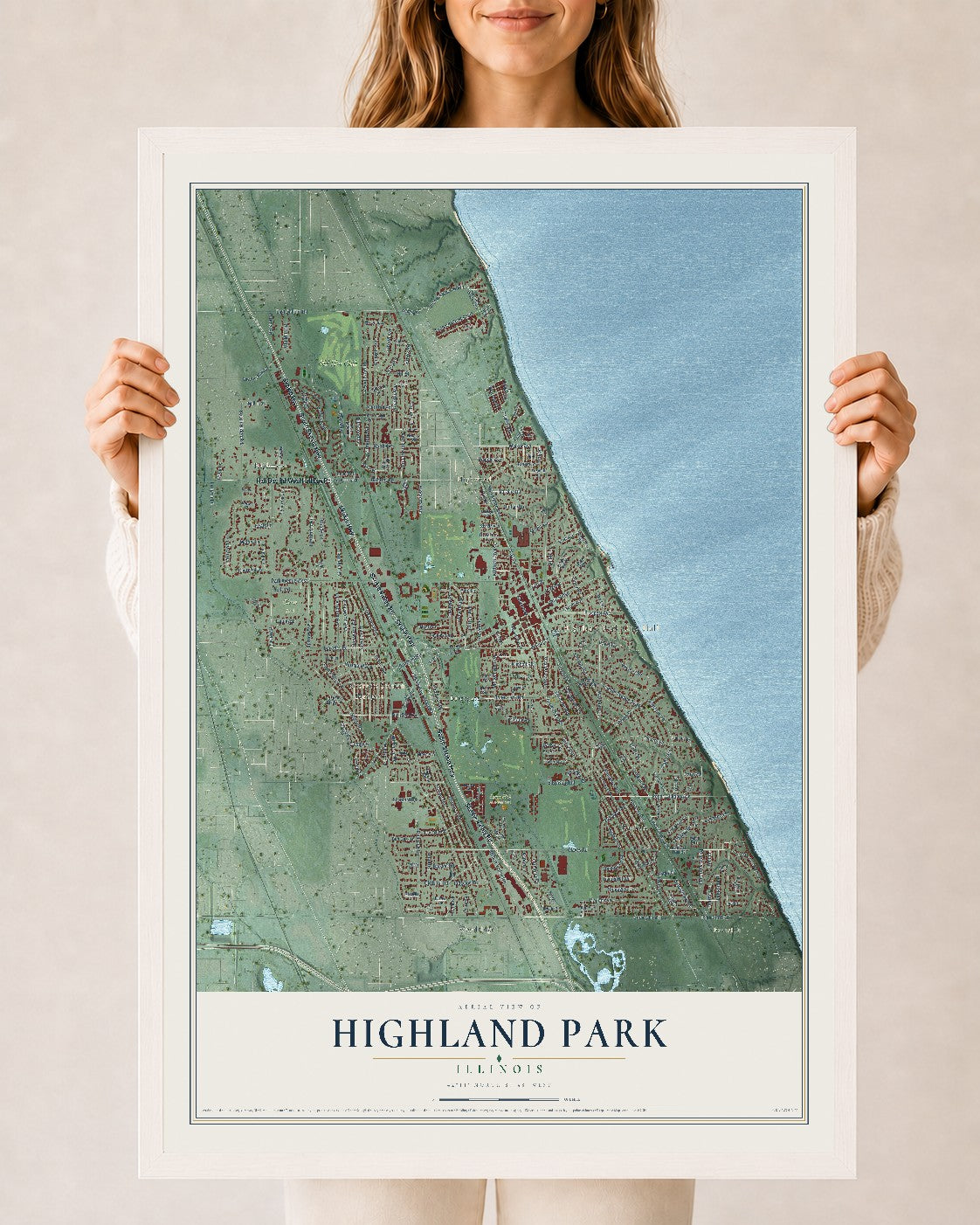 Map of Highland Park, Illinois, 24 x 36 inch print in a white wood frame