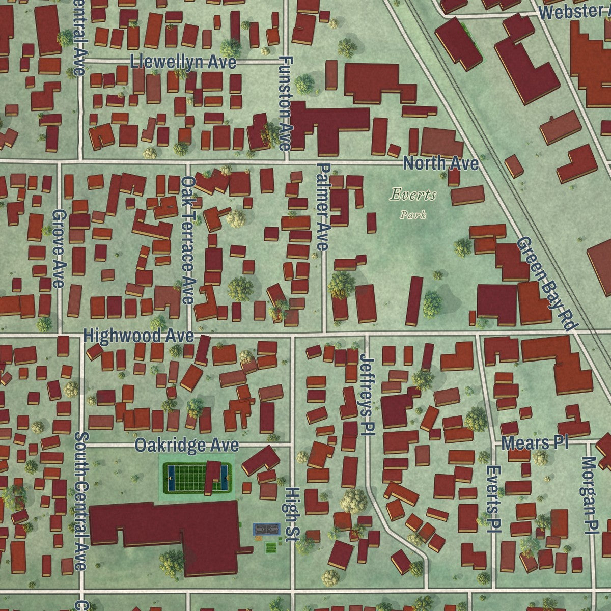 Close-up of the map of Highwood, Illinois print showing street and building detail