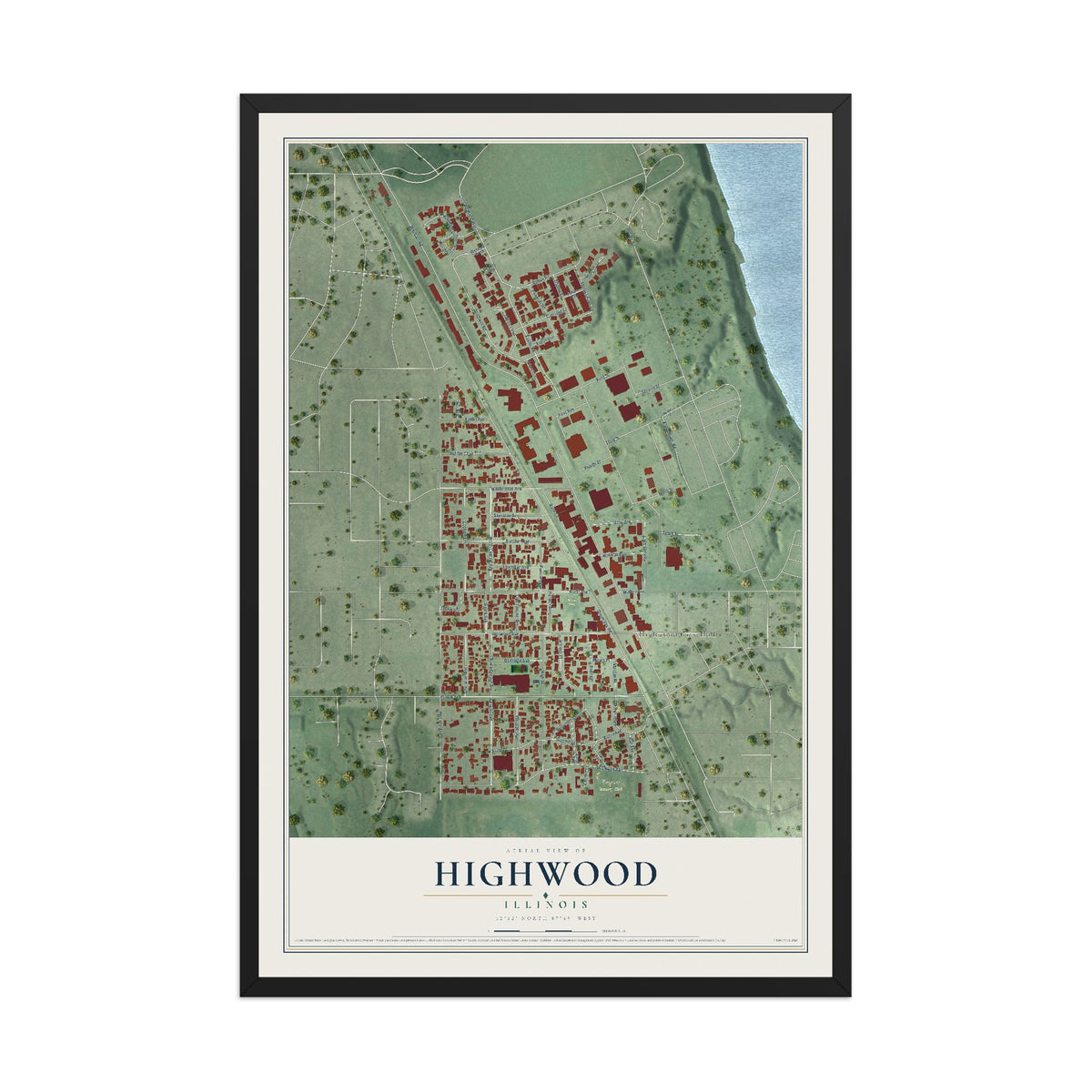 Map of Highwood, Illinois, 12 x 18 inch print in a black wood frame