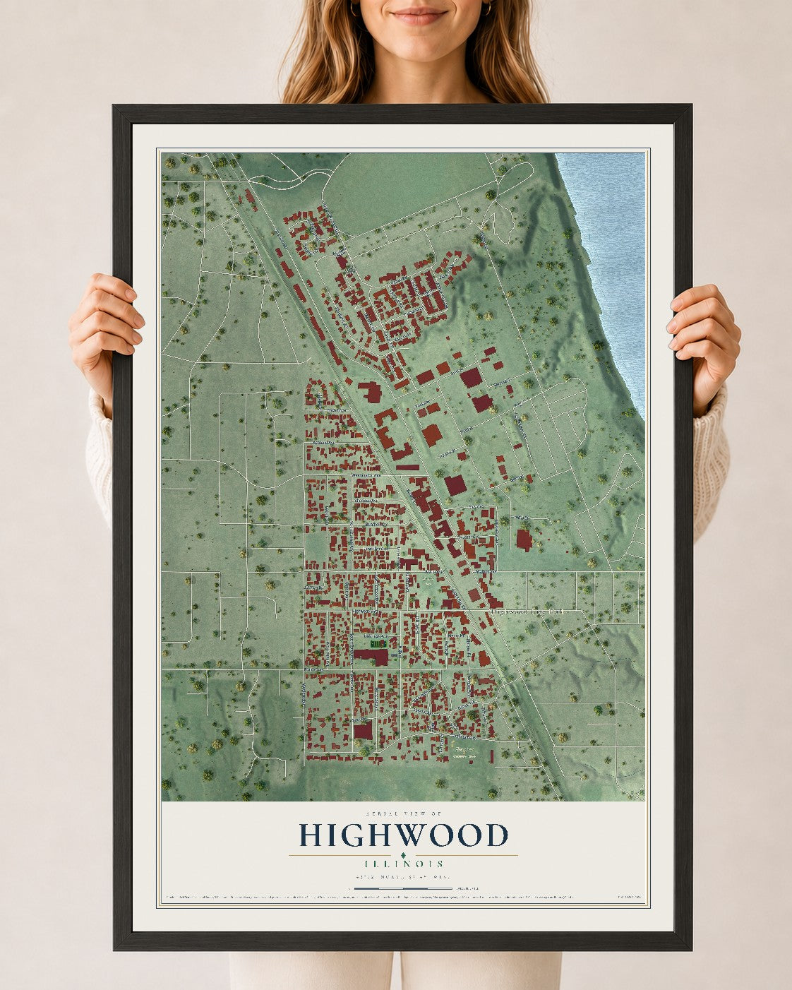 Map of Highwood, Illinois, 24 x 36 inch print in a black wood frame