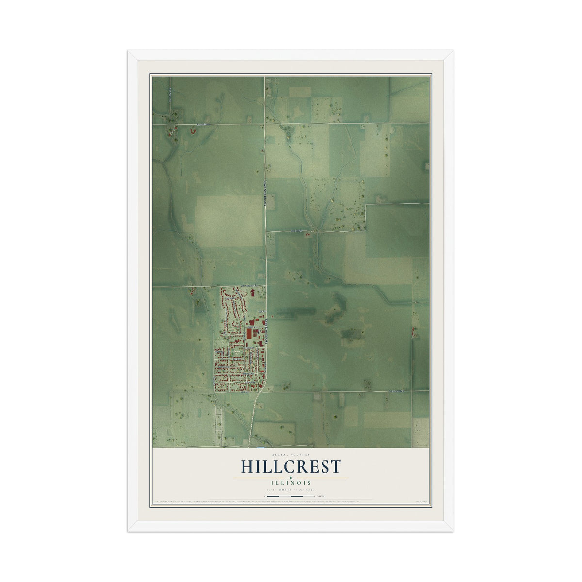 Map of Hillcrest, Illinois, 12 x 18 inch print in a white wood frame