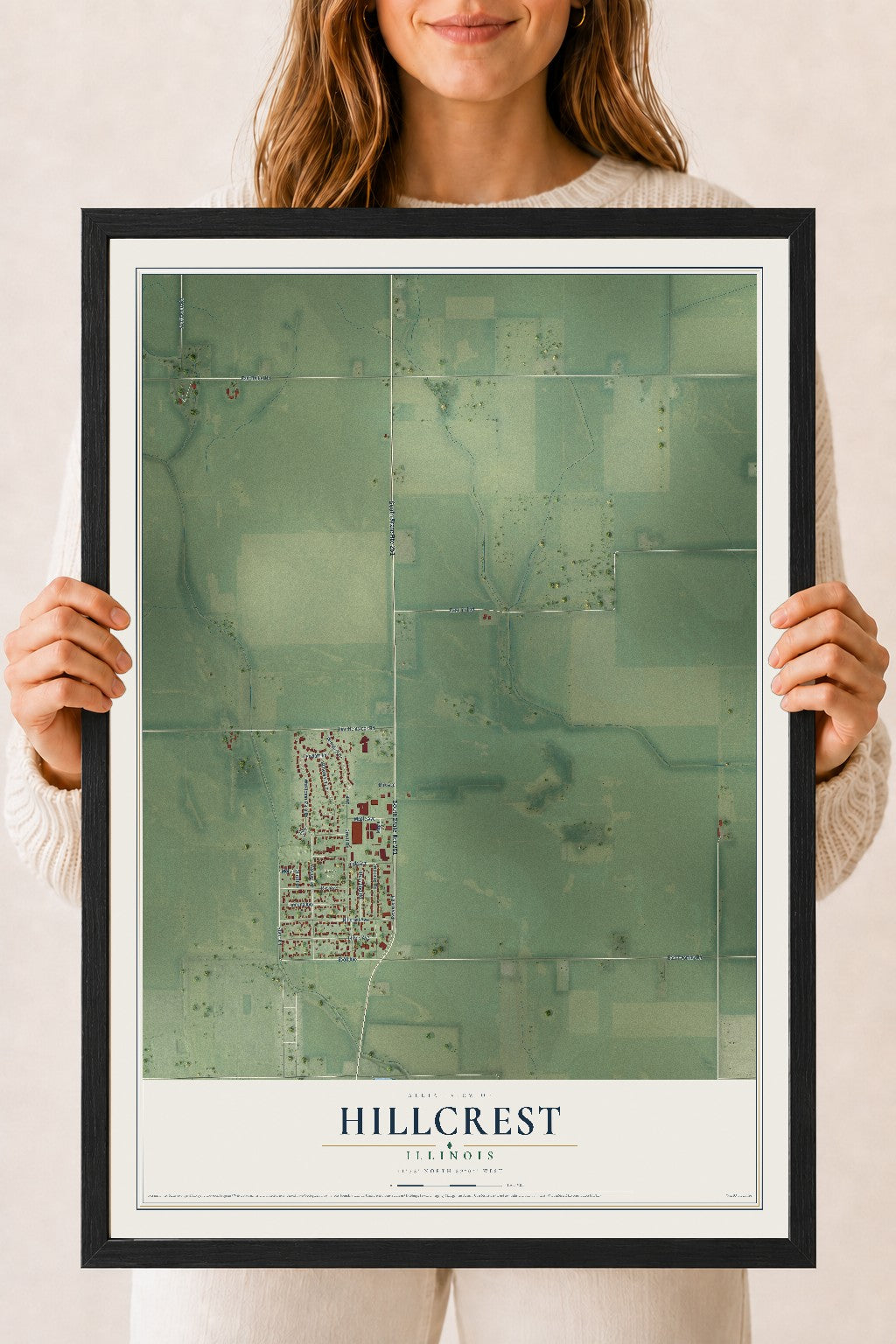 Map of Hillcrest, Illinois, 18 x 24 inch print in a black wood frame