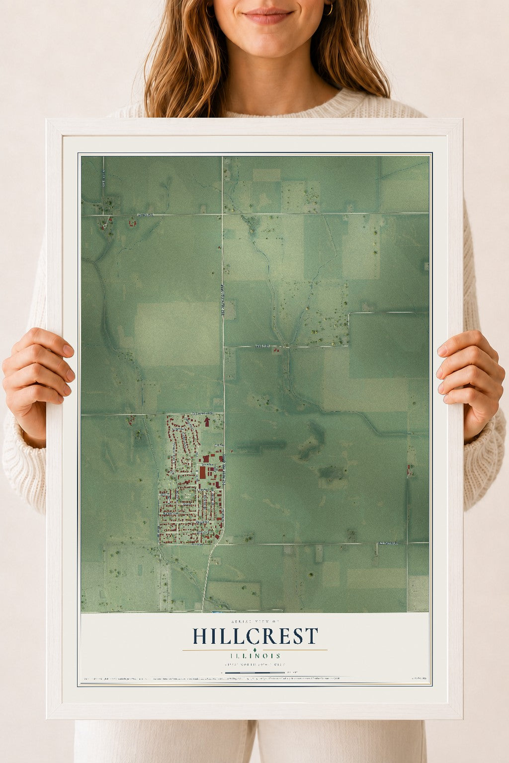 Map of Hillcrest, Illinois, 18 x 24 inch print in a white wood frame