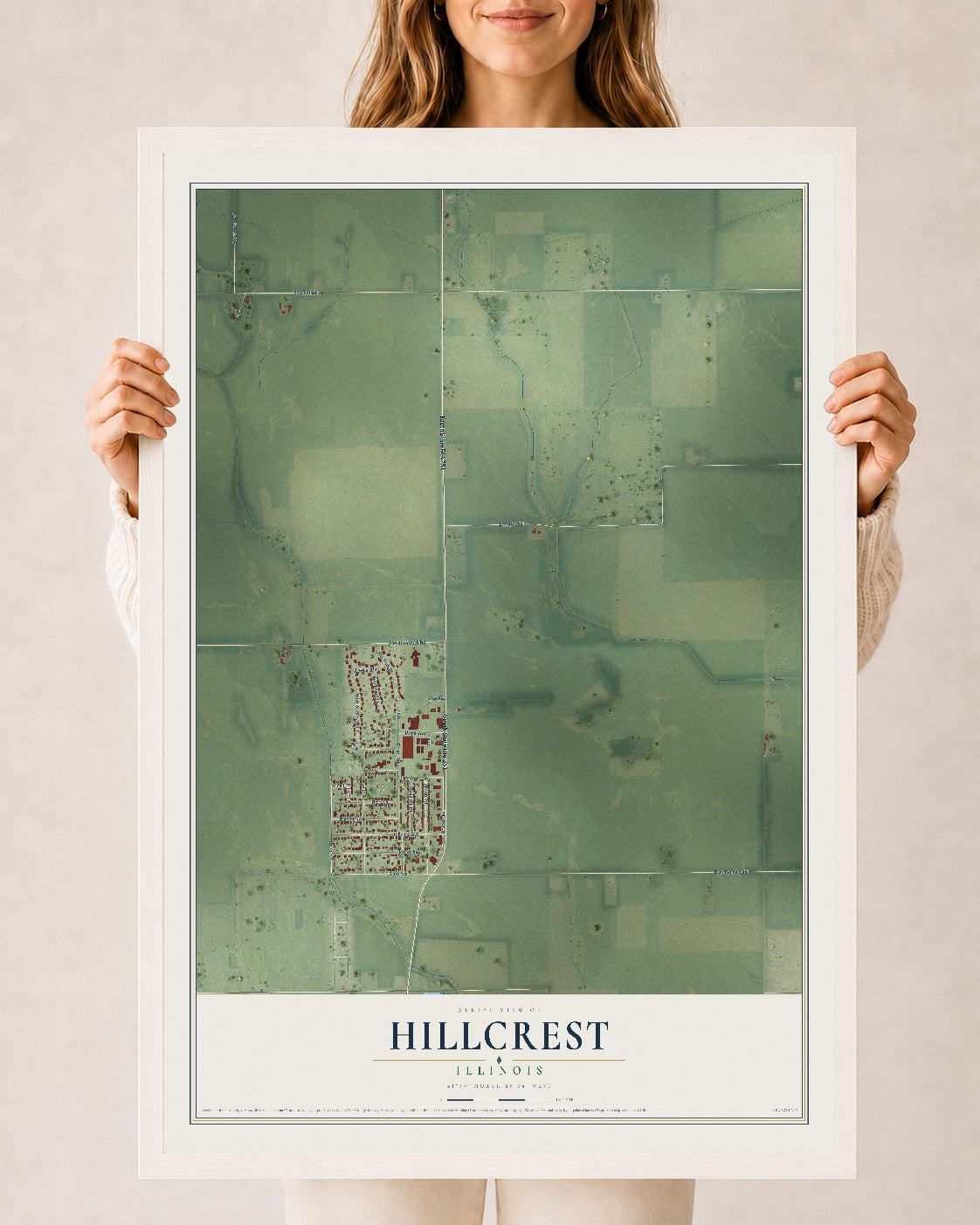Map of Hillcrest, Illinois, 24 x 36 inch print in a white wood frame