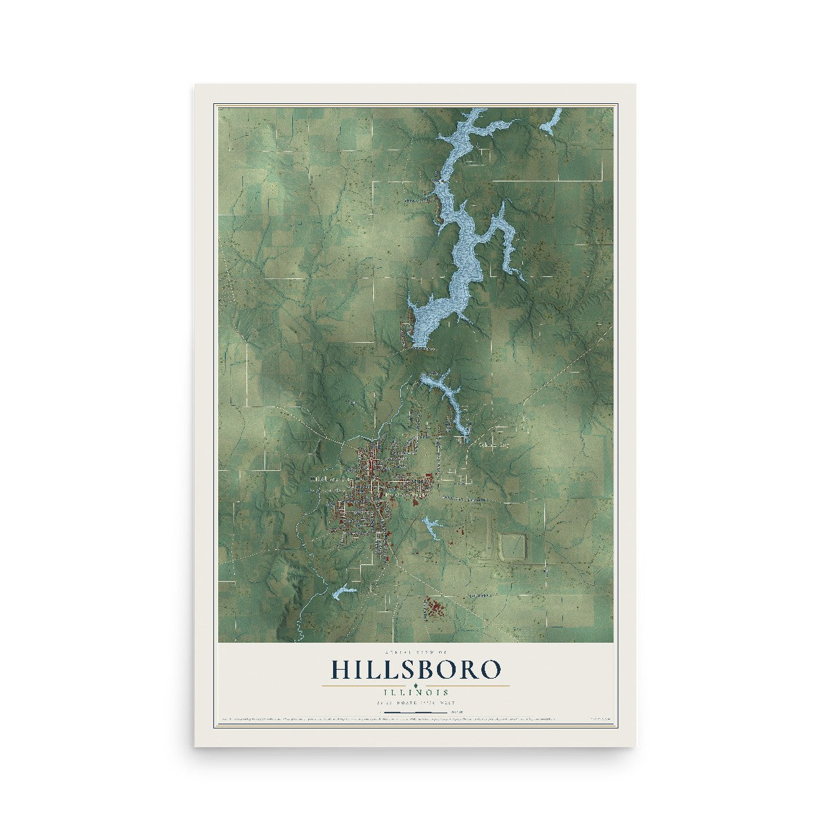 Map of Hillsboro, Illinois, 12 x 18 inch unframed archival matte print