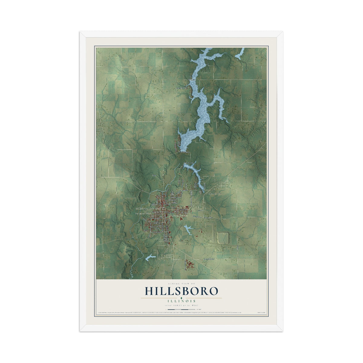 Map of Hillsboro, Illinois, 12 x 18 inch print in a white wood frame