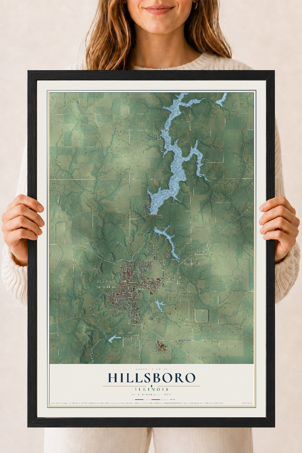 Map of Hillsboro, Illinois, 18 x 24 inch print in a black wood frame