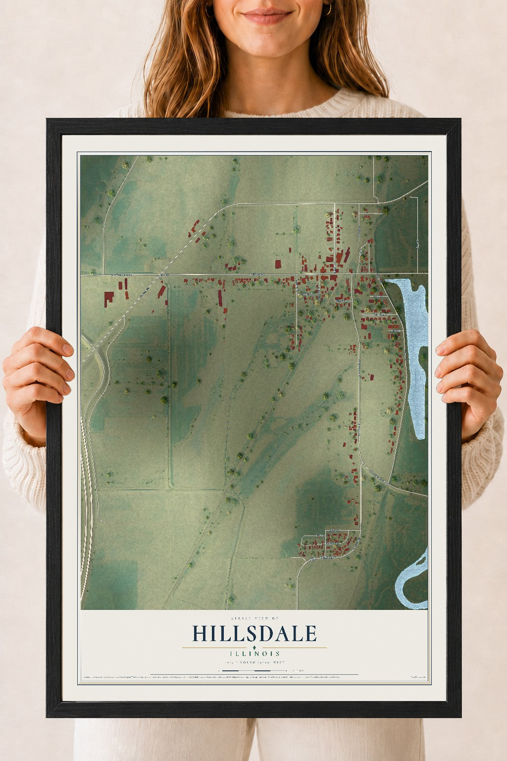 Map of Hillsdale, Illinois, 18 x 24 inch print in a black wood frame