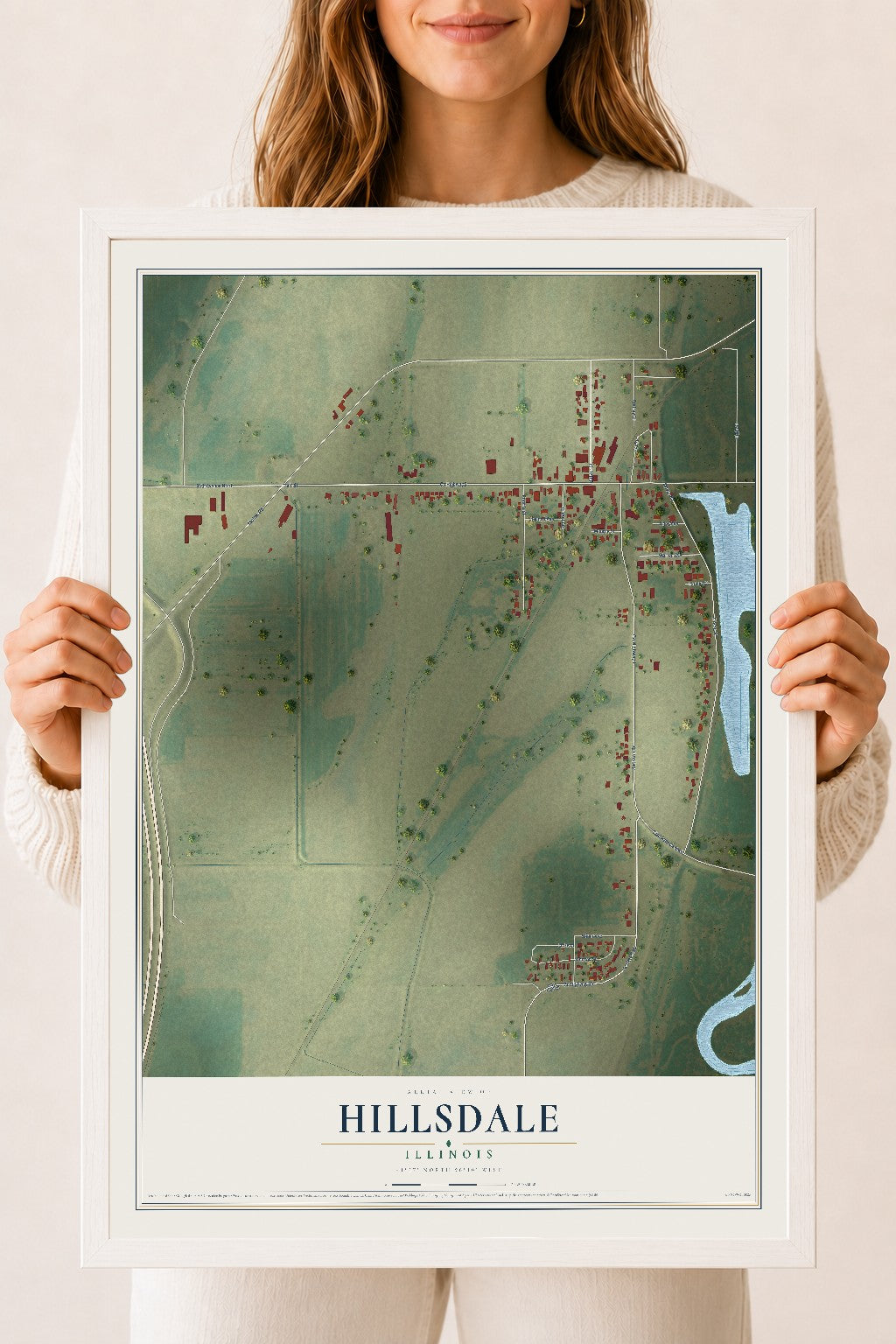 Map of Hillsdale, Illinois, 18 x 24 inch print in a white wood frame