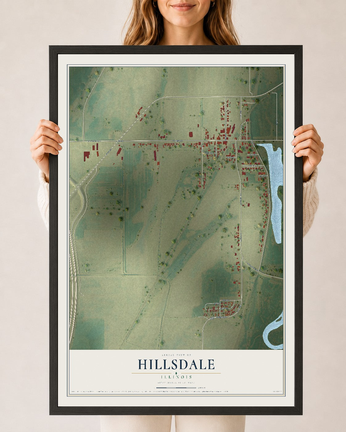 Map of Hillsdale, Illinois, 24 x 36 inch print in a black wood frame