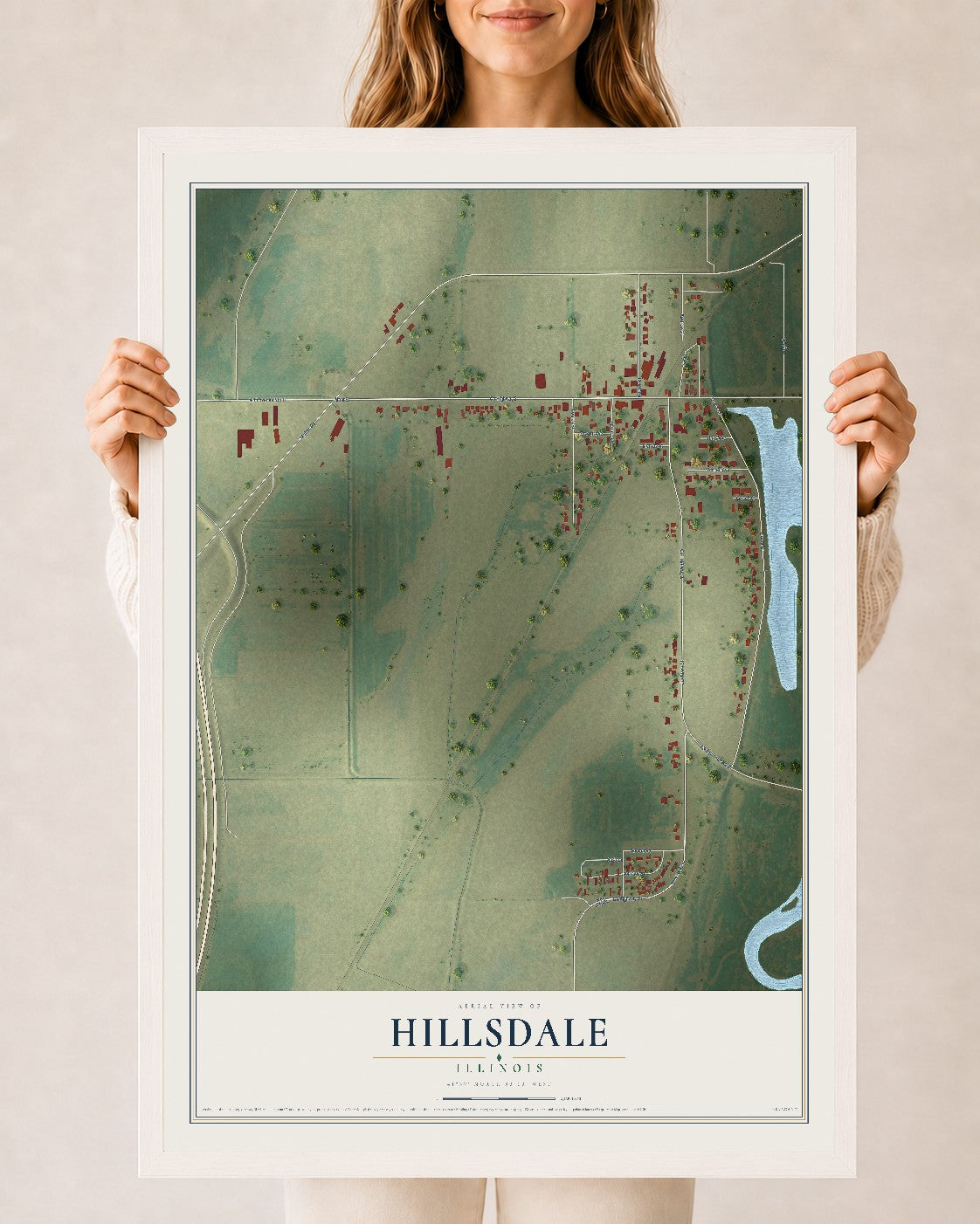 Map of Hillsdale, Illinois, 24 x 36 inch print in a white wood frame