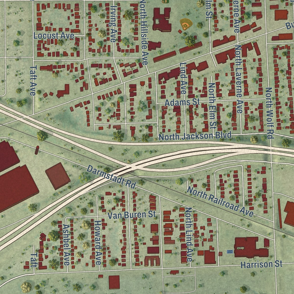 Close-up of the map of Hillside, Illinois print showing street and building detail