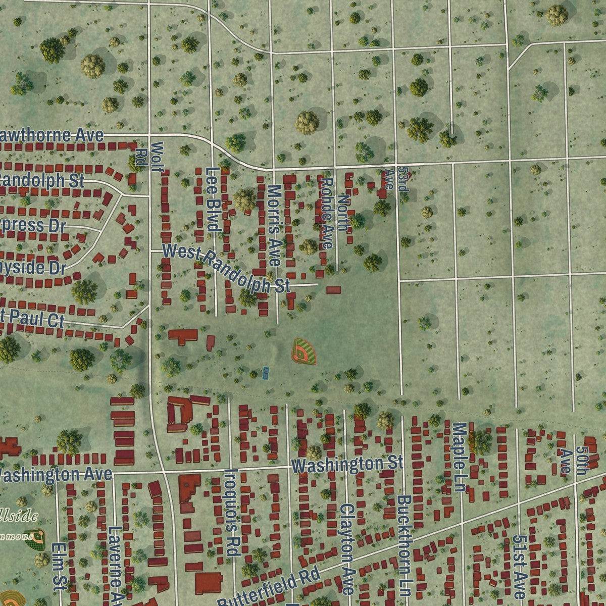 Second close-up of the map of Hillside, Illinois print showing more streets and buildings