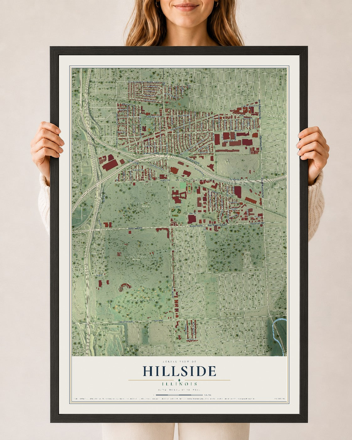 Map of Hillside, Illinois, 24 x 36 inch print in a black wood frame
