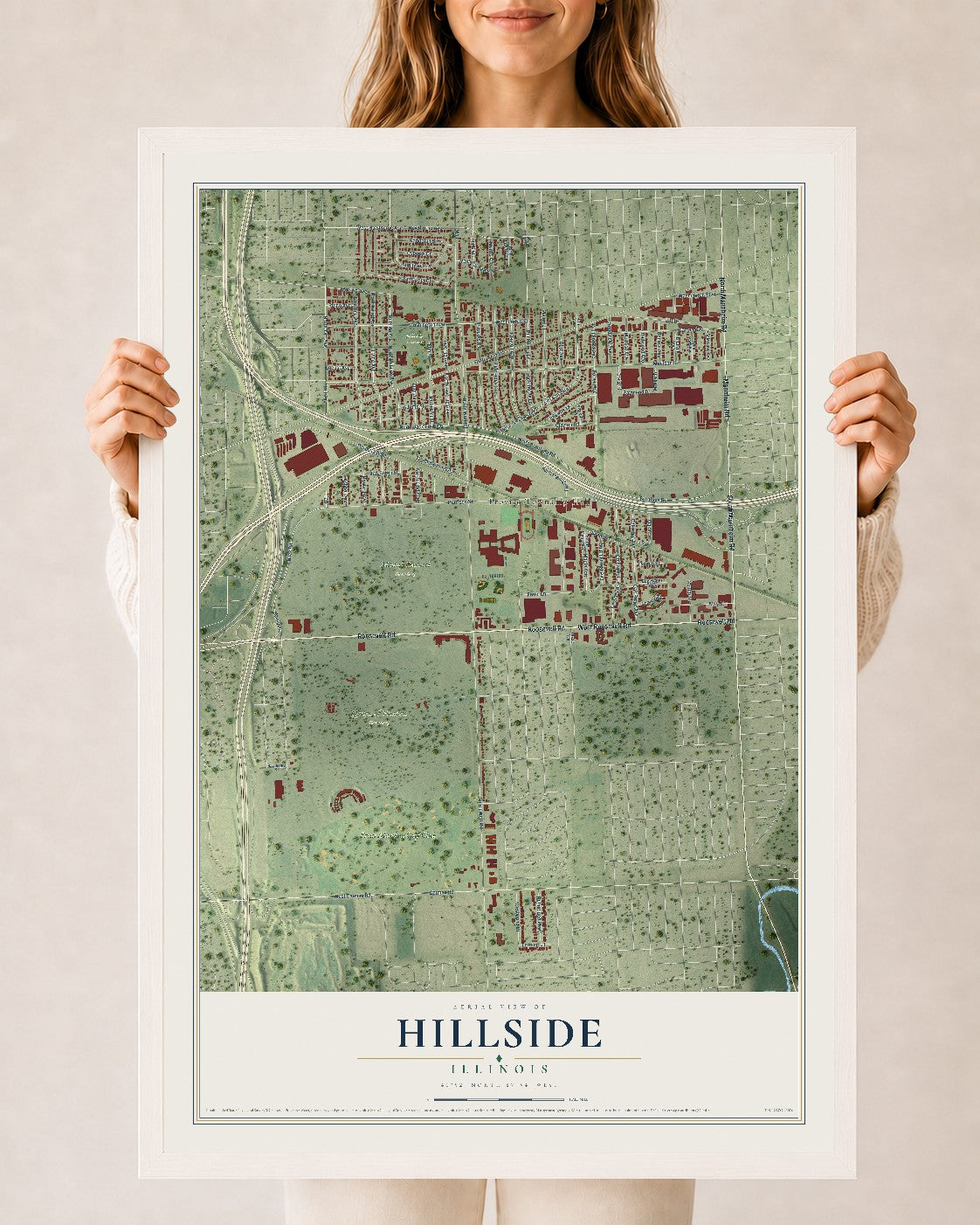Map of Hillside, Illinois, 24 x 36 inch print in a white wood frame