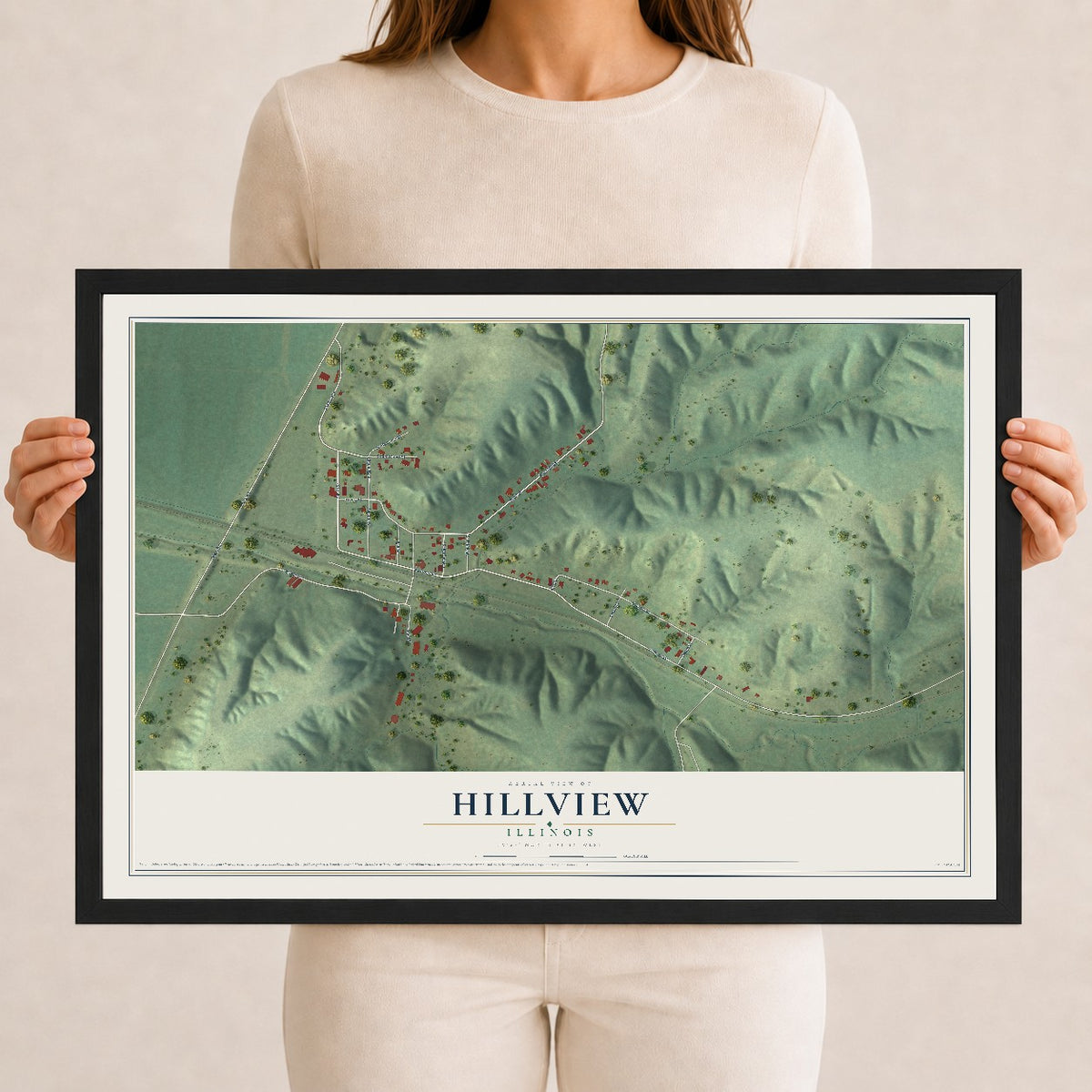 Map of Hillview, Illinois, 12 x 18 inch print in a black wood frame