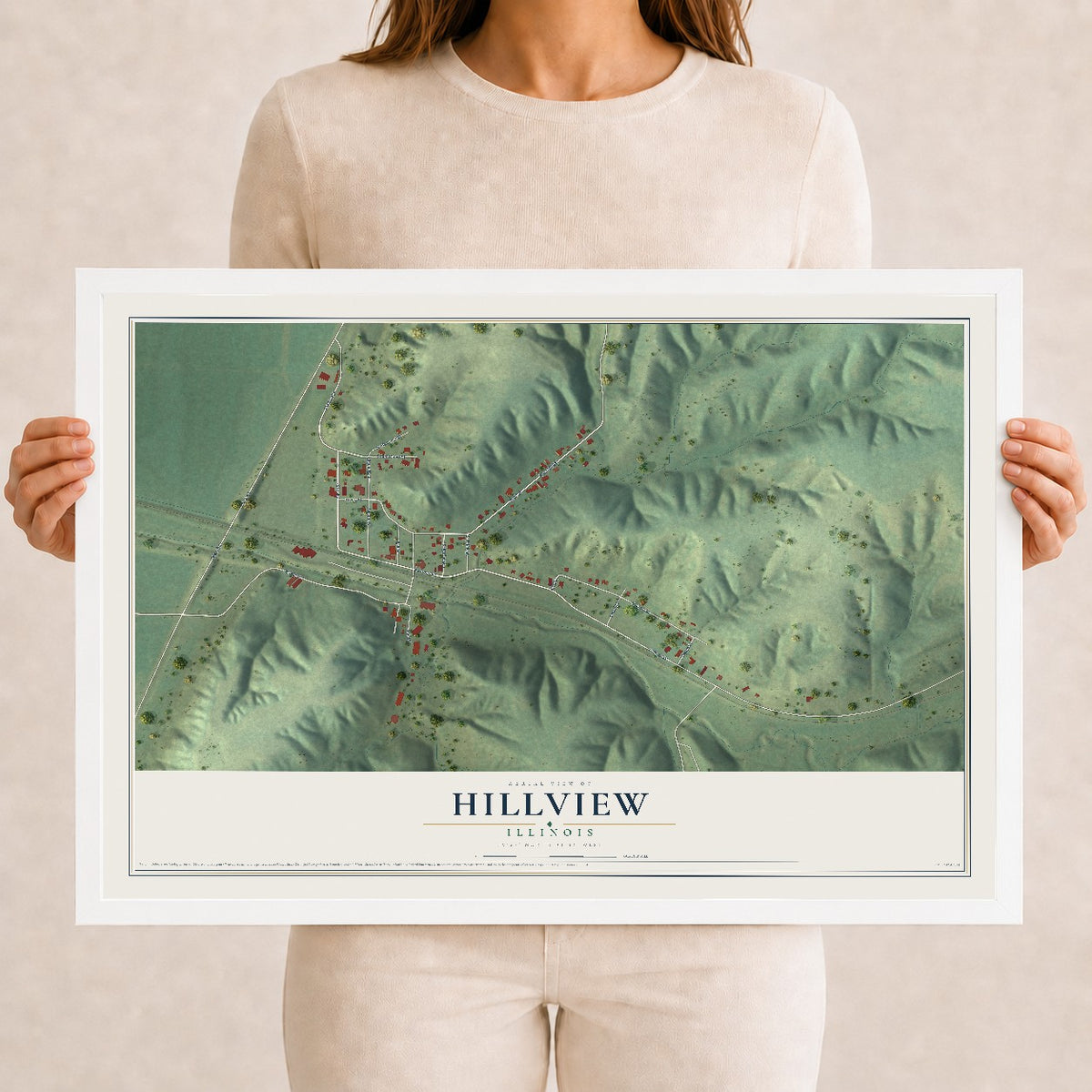 Map of Hillview, Illinois, 12 x 18 inch print in a white wood frame