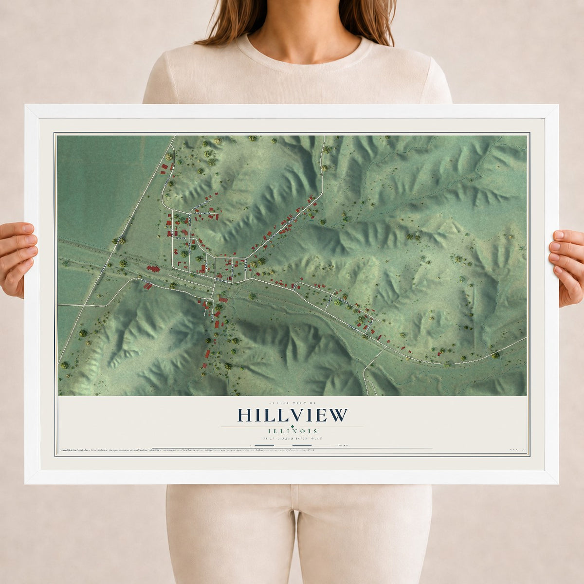 Map of Hillview, Illinois, 18 x 24 inch print in a white wood frame