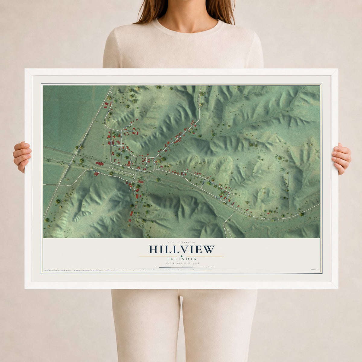 Map of Hillview, Illinois, 24 x 36 inch print in a white wood frame