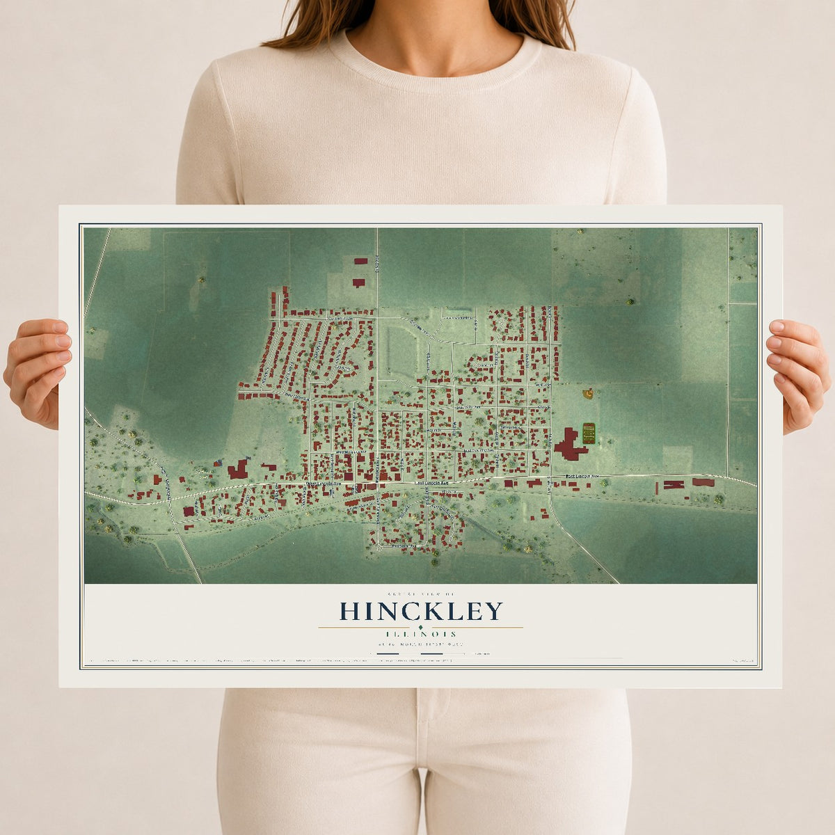 Map of Hinckley, Illinois, 12 x 18 inch unframed archival matte print