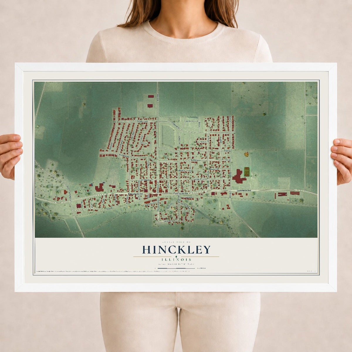 Map of Hinckley, Illinois, 18 x 24 inch print in a white wood frame